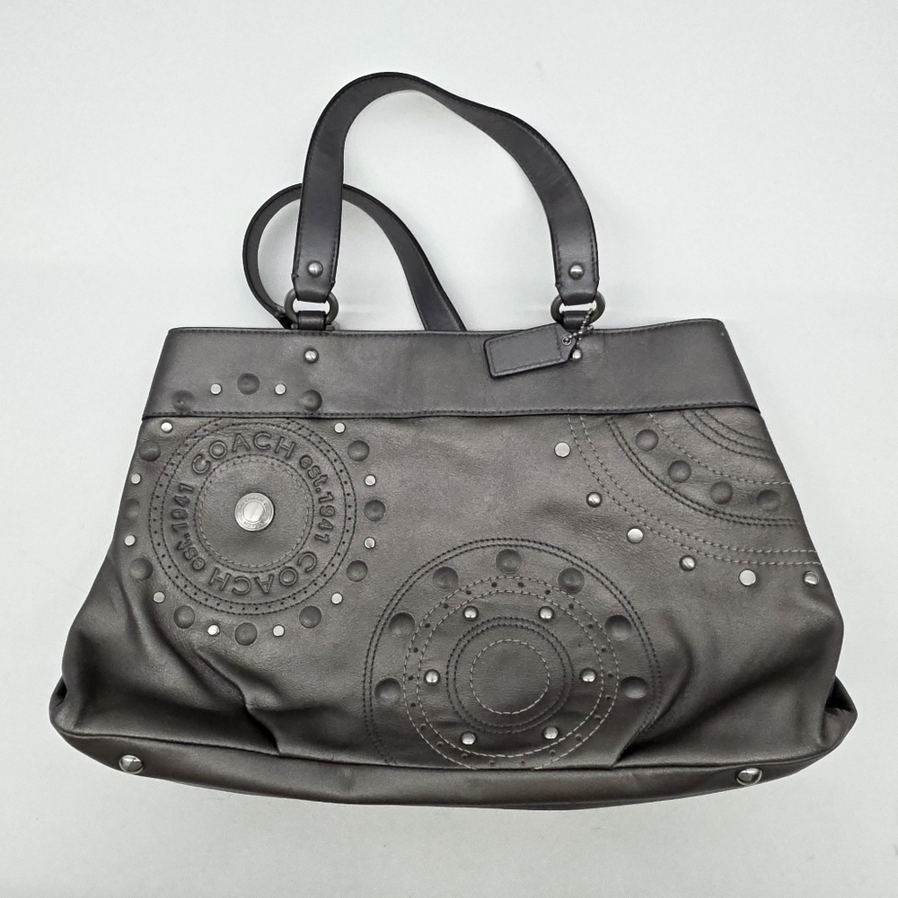 Coach Leather Studded Applique Carryall Silver Purple Shoulder Bag M1020-F16273